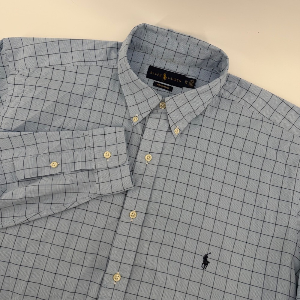 Polo Ralph Lauren Performance Shirt Mens XLT Blue Check Button Down Long Sleeve